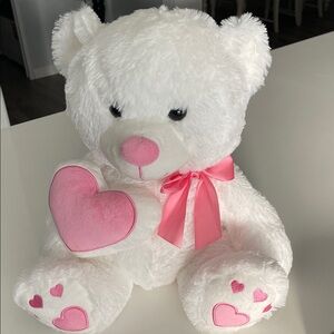 Adorable White Teddy Bear with Pink Hearts